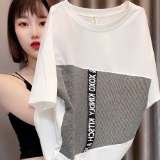 批发夏季撞色纯棉短袖t恤女宽松洋气欧货大码女<b class='q'>装</b>字母格子拼接上衣潮