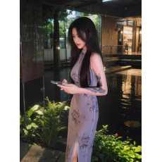 批发紫棠丁香镂空改良<b class='q'>旗袍</b>裙女复古温柔风设计感小众开叉裙