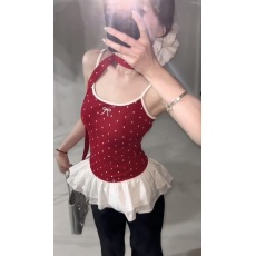批发【<b class='q'>莫代尔</b>人棉】芭蕾风红色波点蝴蝶结吊带<b class='q'>背心女</b>夏拼接飘带上衣