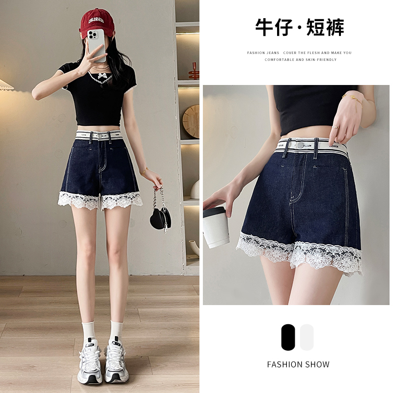 MY7882# 高腰a字牛仔短裤女夏季设计感蕾丝显瘦遮粗腿三分阔腿裤女裝貨...
