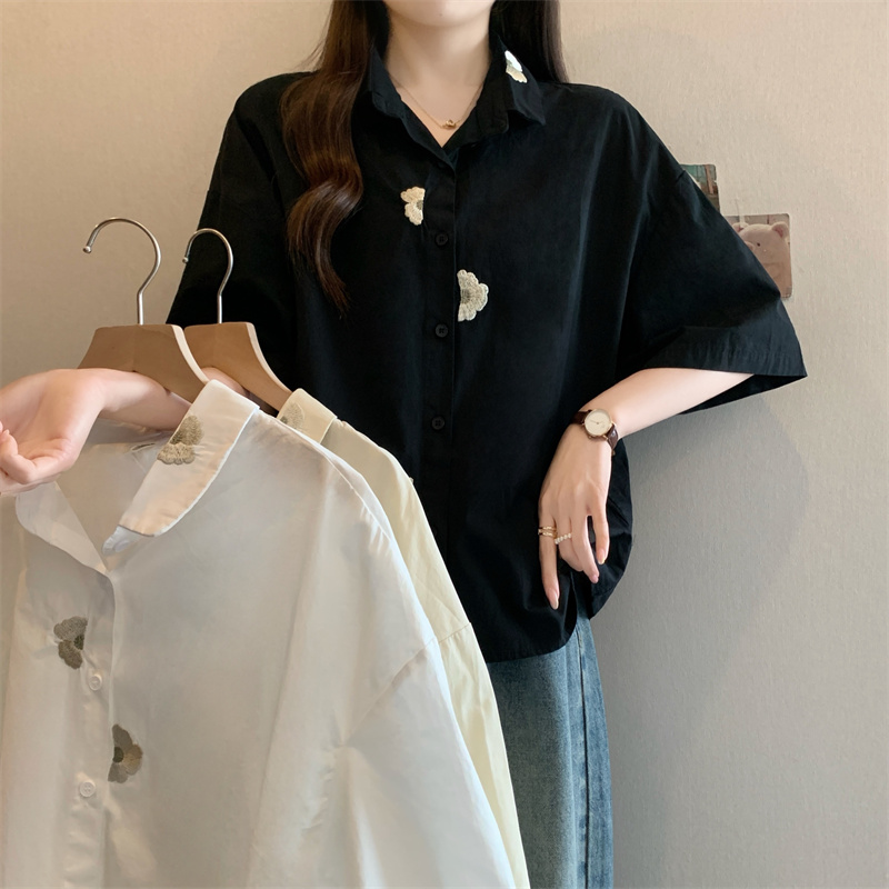 실사 빅 사이즈 여성 의류 여름 새로운 신선함 다용도 무거운 작업 작은 꽃무늬 자수 빅 사이즈 셔츠