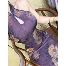 批发画报夫人新中式国风高级提花缎面挖肩水滴旗袍苑紫腔全包边连衣裙