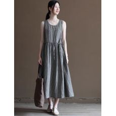 批发官图复古色织棉麻格子背心裙圆领无袖打底<b class='q'>连衣裙</b>长裙a夏女