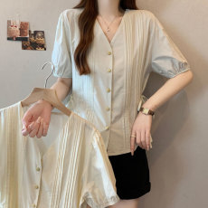 批发实拍大码休闲法式短袖衬衫女学院风<b class='q'>小衫</b>胖MM收腰修身显瘦开衫上衣