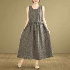 批发实拍复古色织<b class='q'>亚麻</b>格子背心裙圆领无袖打底连衣裙<b class='q'>长裙</b>a夏女