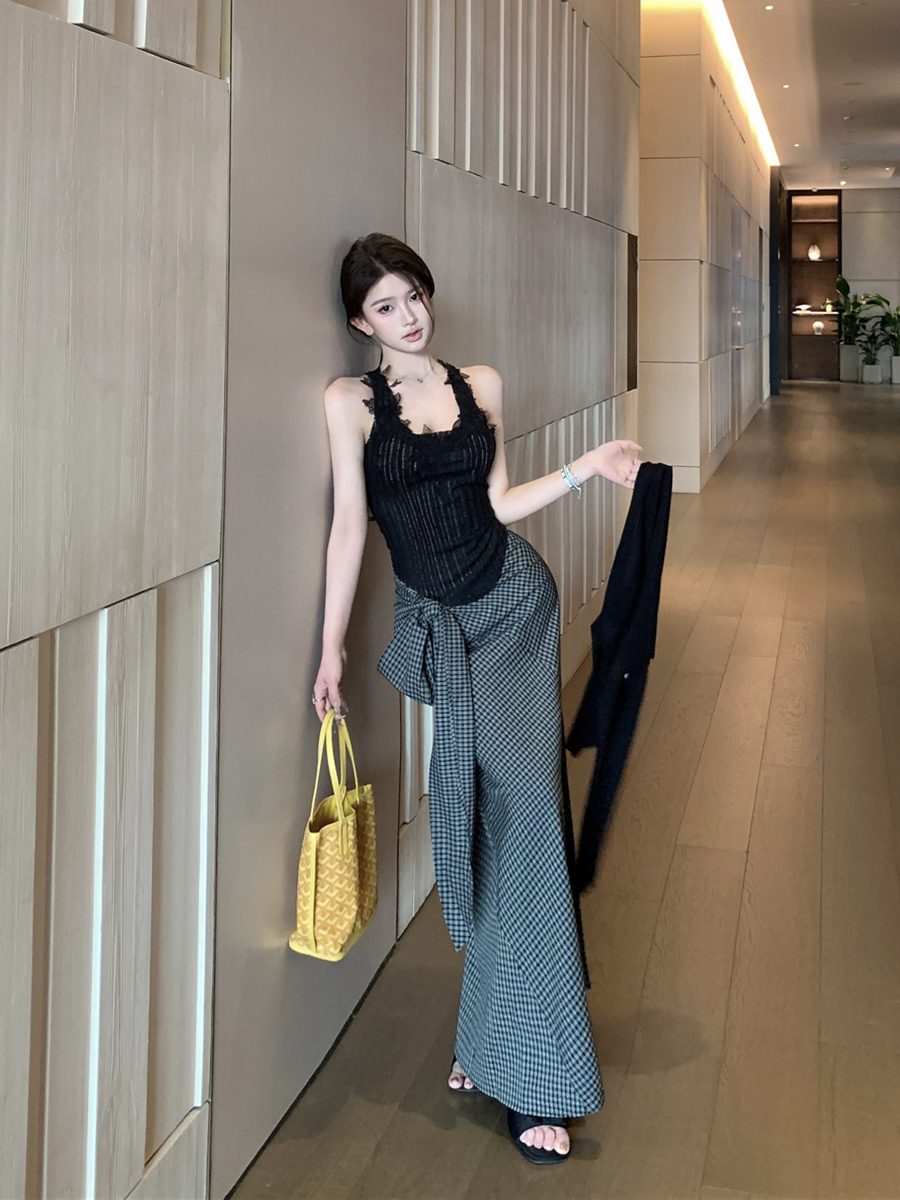 실사 레트로 섹시함 순수한 욕망 레이스 캐미솔 체크무늬 반신 롱 스커트 다용도 자외선 차단 오픈 가디건 여성