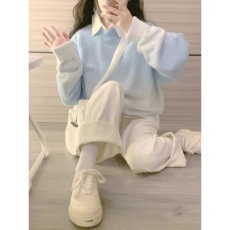 批发已出货秋冬韩版粉色圆领毛衣甜美可爱渐变色针织毛衣宽松休闲百搭