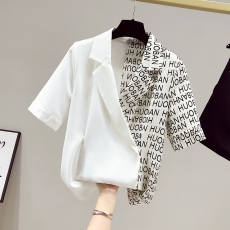 批发新款夏季拼接雪纺衬衫<b class='q'>女</b>士短袖洋气设计感衬衣<b class='q'>西装</b>领百搭上衣