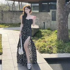 批发气质法式黑色碎花连衣裙2025夏季新款开叉抹胸长裙子女小众设计感