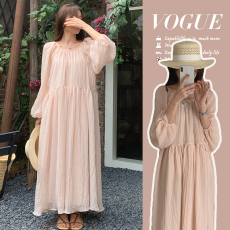 夏款孕妇装纯色V领系带宽松孕妇连衣裙宽松七分袖孕妇裙