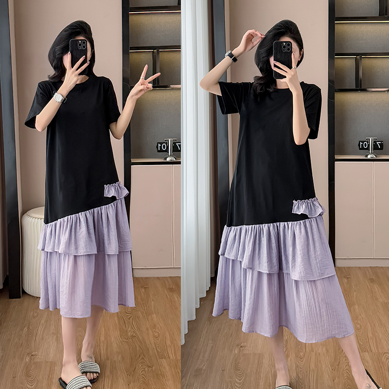 MY3799# 大码女装夏季新款拼接蛋糕裙摆遮肚撞色T恤假两件连衣裙女裝貨源服裝批發