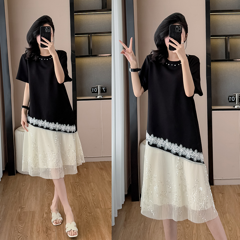 MY3798# 大码女装夏季新款韩系奢华甜美亮片网纱拼接显瘦连衣裙女裝貨源服裝批發