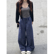 批发复古蓝色格子休闲裤女夏2025新款薄款高腰垂感直筒拖地阔腿长裤<b class='q'>秋</b>
