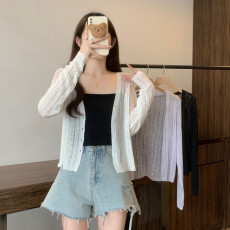 批发实拍大码女装针织开衫薄款防晒外搭胖MM设计感镂空V领百搭上衣