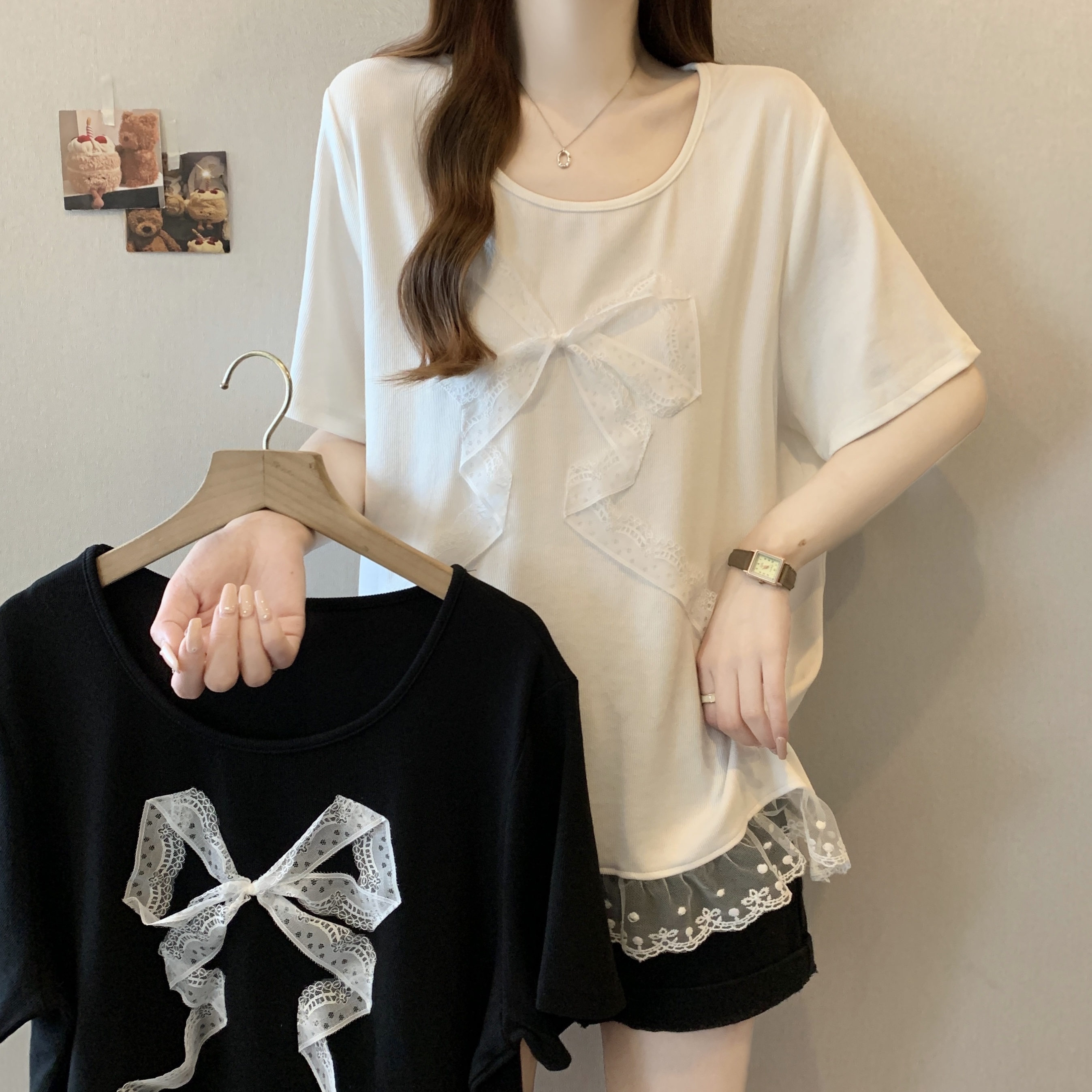 RY6404# 实拍~大码新款蕾丝拼接宽松减龄显瘦蝴蝶结短袖T恤上衣