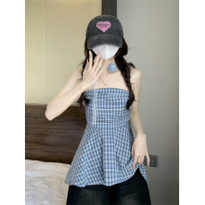 批发实拍实价 夏季撞色格子一字肩无袖衬衫抹胸女短款<b class='q'>娃娃衫</b>露肩上衣