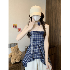 批发实拍实价 夏季撞色格子一字肩无袖衬衫抹胸女短款<b class='q'>娃娃衫</b>露肩上衣