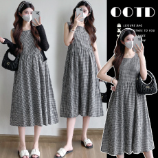 批发实拍开衫外套➕格子纹无袖背心孕妇哺乳连衣裙早秋慵懒两件套装