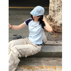 批发40支纯棉 后包领三条杠撞色拼接运动t恤短款<b class='q'>上衣</b>