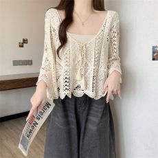 批发新款勾花镂空针织罩衫夏外搭波西米亚海边度假风长袖上衣防晒衫女