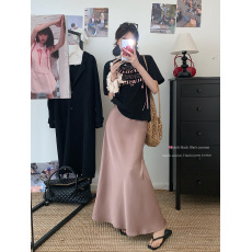 批发实拍~大码甜美时尚套装女<b class='q'>夏</b>季蝴蝶结印花T恤短袖缎面高腰鱼尾长裙