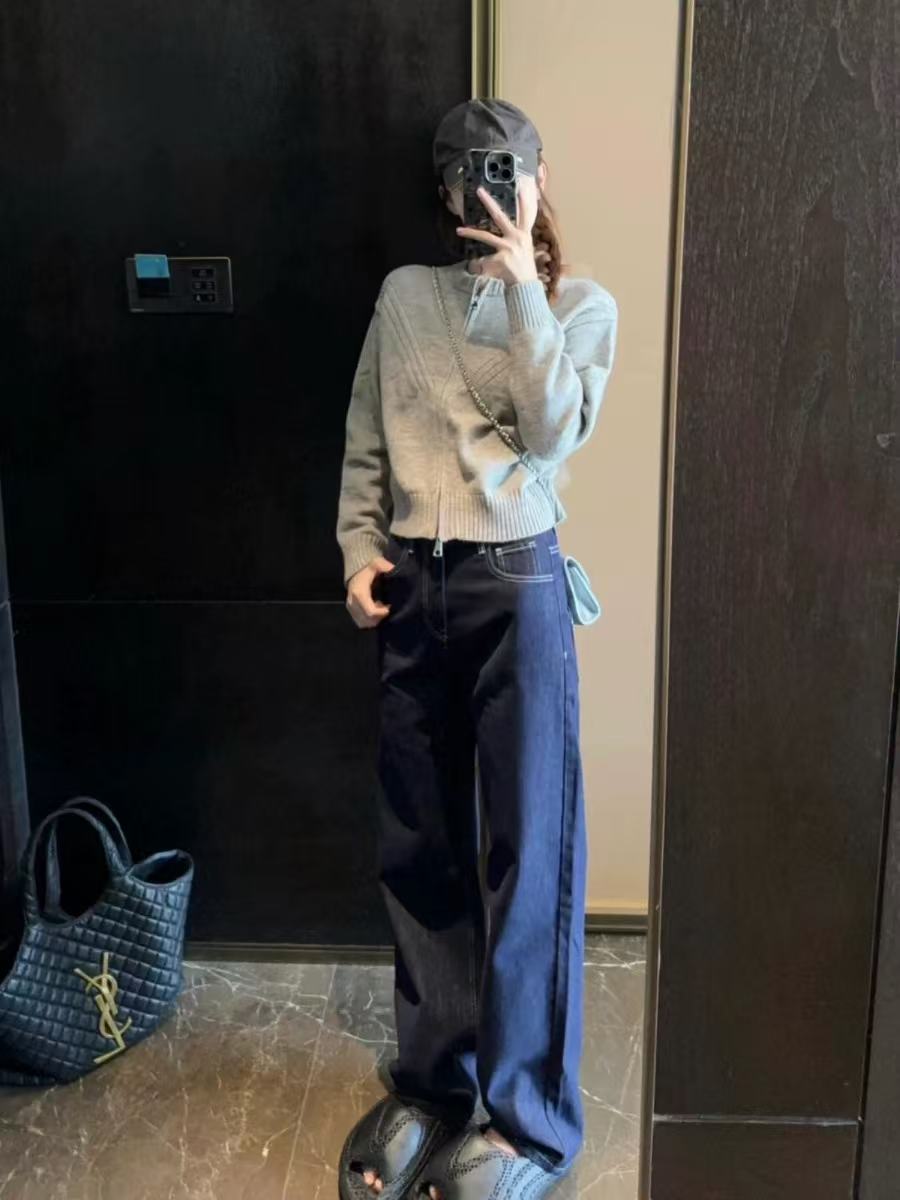 175高个子丹宁原色美式宽松阔腿牛仔裤女秋冬慵懒窄版拖地直筒裤