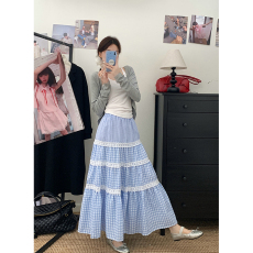 批发实拍~大码女装韩系复古百搭高腰拼接蕾丝撞色格子蛋糕半身长裙