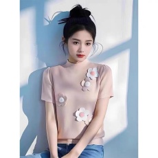批发欧洲站高级感立体花朵短款泡泡袖<b class='q'>针织衫</b>短袖T恤洋气减龄温柔上衣