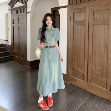 批发<b class='q'>大码</b>女装怀旧牛仔短袖连衣裙2026夏季胖mm遮肚子收腰显瘦时尚裙子