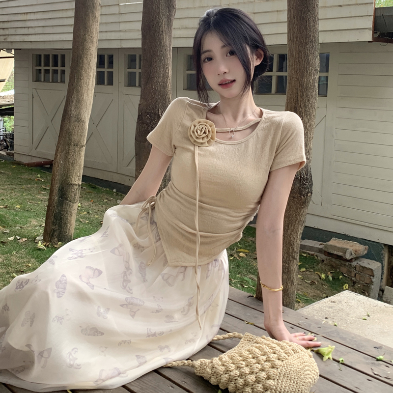 MY6652# 大码女装不规则收腰显瘦设计感气质百搭方领T恤女短袖上衣女裝貨源服裝批發