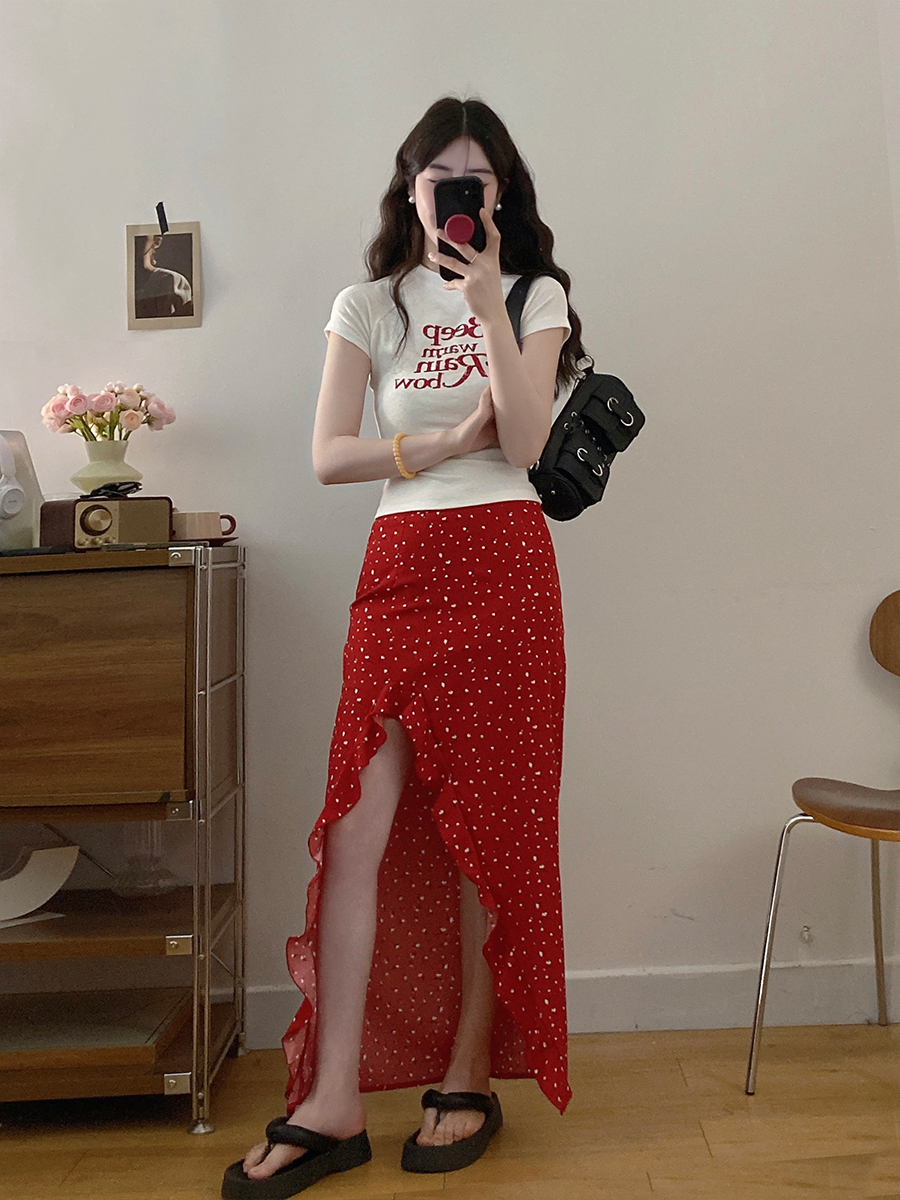 MY4997# 大码女装白色T恤女短袖夏季开叉花边裙摆设计长裙两件套装女裝貨源服裝批發