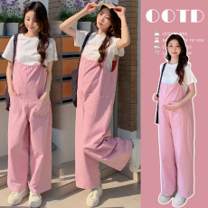 批发实拍 2026年韩版孕妇宽松休闲<b class='q'>背带裤</b>阔腿裤+纯色短袖T恤套装