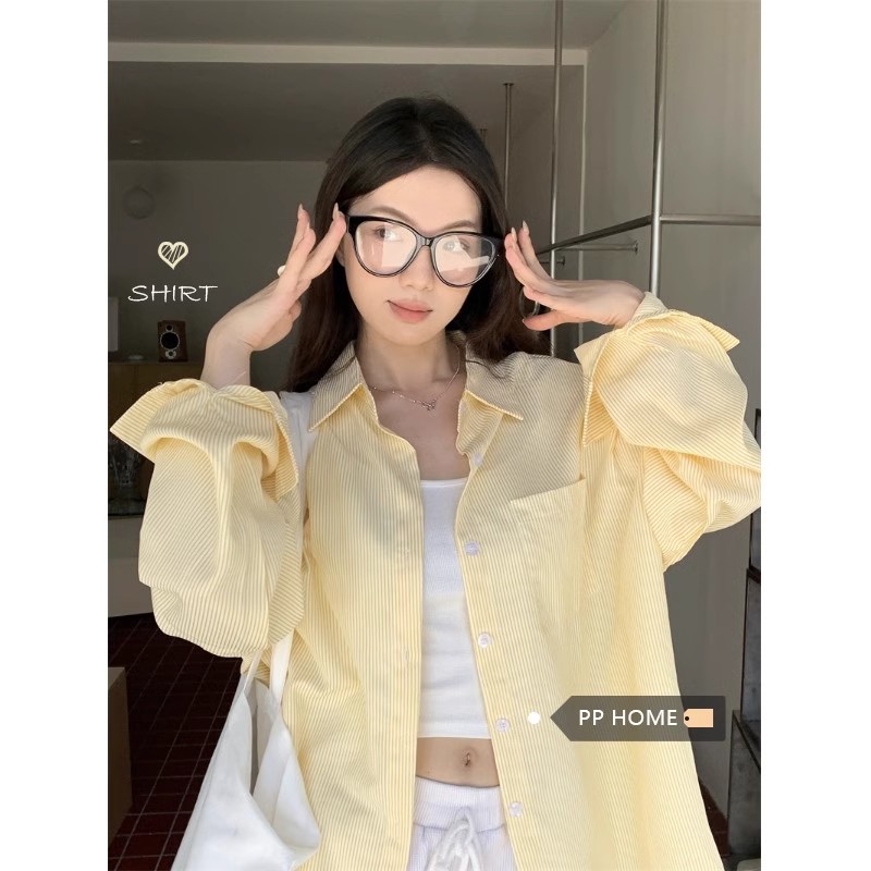 포함 면 셔틀 제직 황색 ins 한 부서 스트라이프 여성 셔츠 디자인 센스 캐주얼 루즈핏 셔츠 자외선 차단 재킷