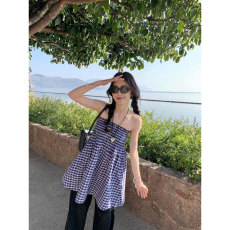 批发原版做法小众设计感蓝色格子半身裙女抹胸A字裙