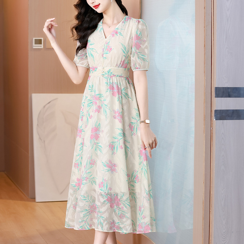 MY8603# 剪花气质法式印花连衣裙夏季新款收腰显瘦V领设计感茶歇裙女裝貨源服裝批發