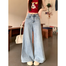 批发实拍实价#宽松直筒牛仔长裤女复古水洗大裤脚阔腿浅色喇叭裤子