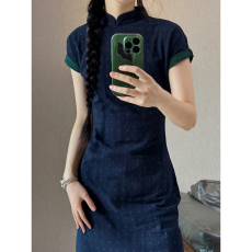 批发复古蓝绿<b class='q'>波点</b>短袖翻袖旗袍裙修身显瘦百搭民国风<b class='q'>连衣裙</b>2026夏季新