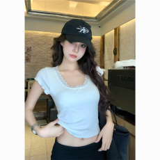 批发短款露锁骨短袖背心女带胸垫夏季修身显瘦免穿<b class='q'>内衣</b>短袖T恤女