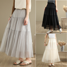 批发实拍 法式褶皱肌理纹流光纱<b class='q'>半身裙</b> 可盐可甜纯色显瘦气质百搭<b class='q'>长裙</b>