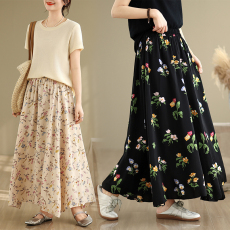 批发实拍 春夏法式松紧腰百褶裙 棉麻<b class='q'>半身裙</b>大彩花色显瘦气质百搭<b class='q'>长裙</b>