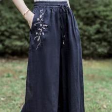 批发中式文艺宽松阔腿裤高腰设计纯色绣花休闲舒适薄款裙裤非实拍