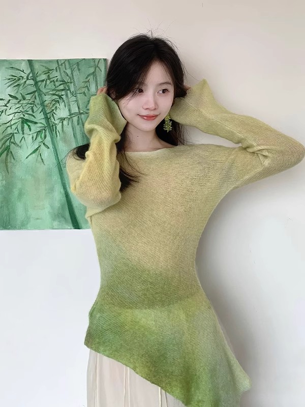 프랑스어 불규칙한 기울기 긴 소매 니트웨어 맨위 여자 봄과 여름 얇은 섹션 외국 가스 슬림 와일드 자외선 차단제 블라우스