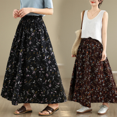 批发实拍 春夏法式松紧腰百褶裙 棉麻<b class='q'>半身裙</b>小彩花色显瘦气质百搭<b class='q'>长裙</b>