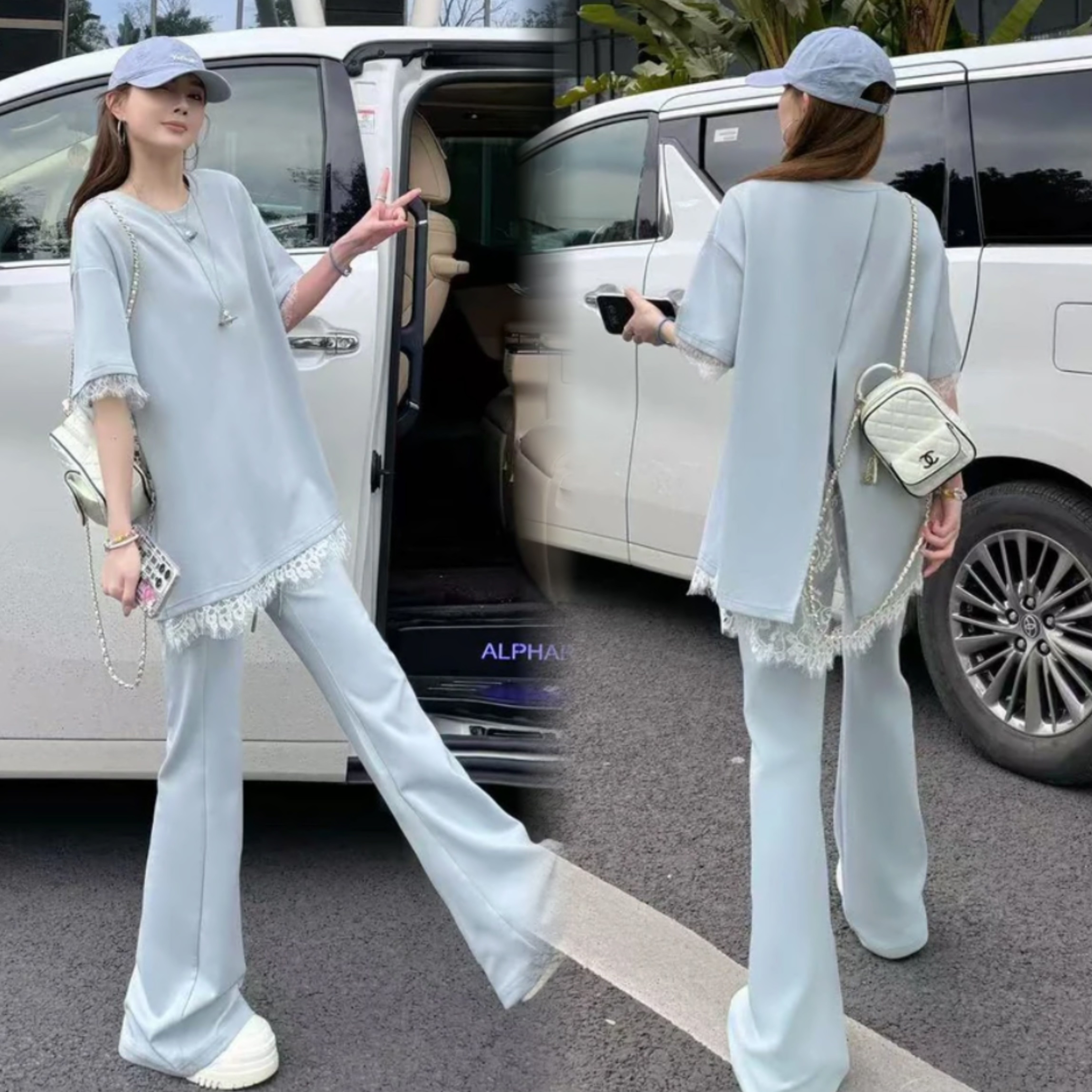 FA25877# 后背开叉蕾丝拼接T恤+抽绳微喇裤套装 服裝批發女裝批發服飾貨源