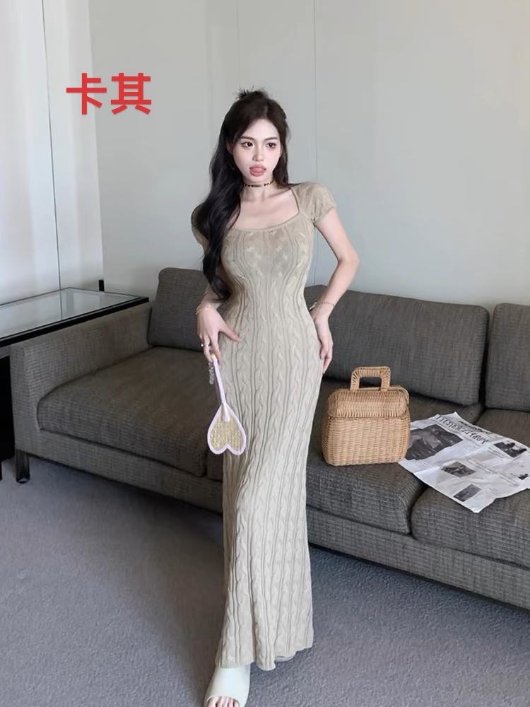 순수한 욕망 광장 칼라 반팔 니트 드레스 여성 의류 여름 섹시함 몸매 가꾸기 인어 꼬리 중간 길이 스커트 품격 타이트 스커트 치마