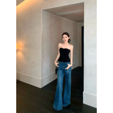 批发实拍实价  时尚复古气质设计感辣妹针织抹胸背心<b class='q'>上衣</b>+牛仔<b class='q'>裤</b>套<b class='q'>装</b>