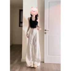 批发黑色挂脖小吊带背心女内搭2025新款春夏短拖地宽松百搭阔腿休闲裤