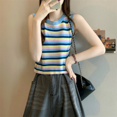 批发实拍实价 新版韩风设计感多巴胺彩虹条纹吊带针织衫