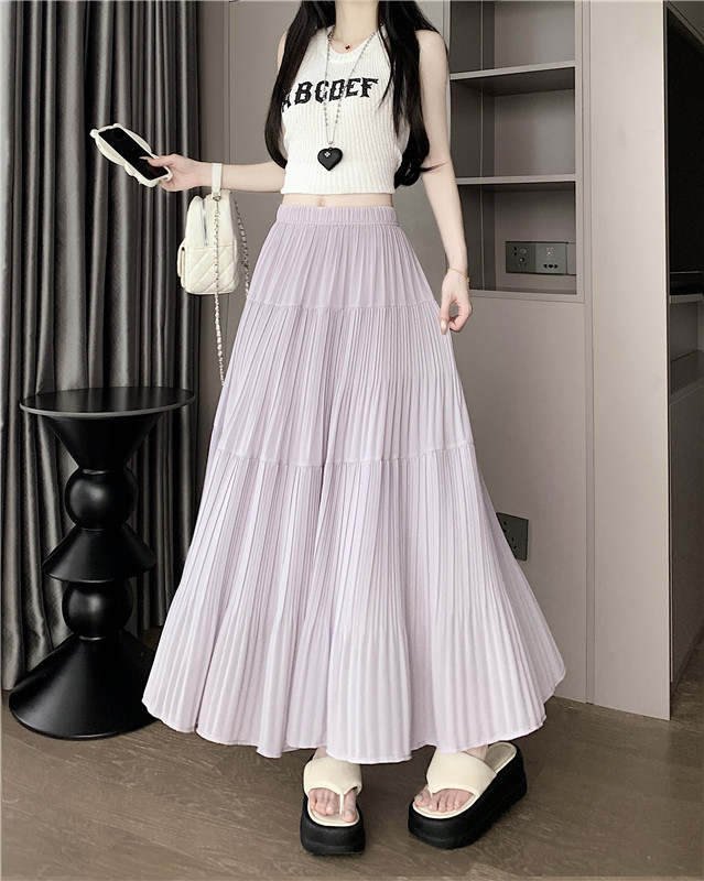 实拍半身裙女紫色高腰a字裙蛋糕裙温柔风设计感大摆中长裙子