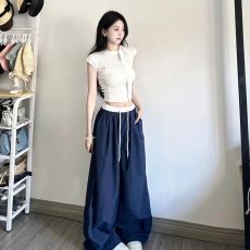 批发美式撞色阔腿裤女2025新款高腰抽绳宽松显瘦百搭慵懒休闲长裤春<b class='q'>秋</b>